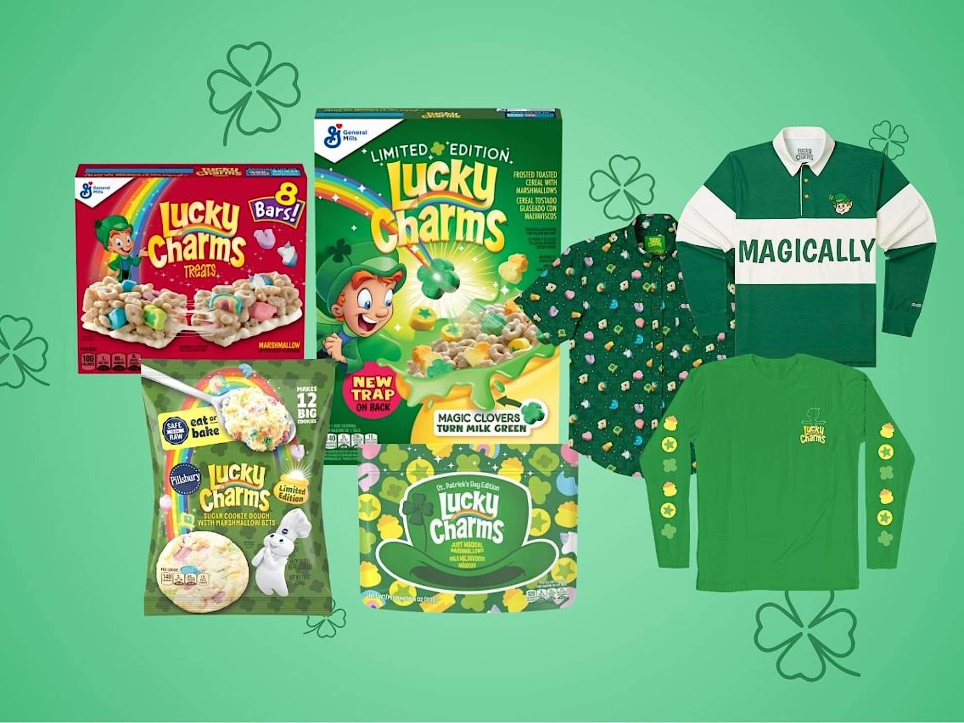 Lucky Charms products including Lucky Charms Treat Bars, Pillsbury Ready to Bake! Lucky Charms Sugar Cookie Dough and Lucky Charms Turns Milk Green Limited Edition Cereal placed on a green background with four-leaf clovers for St. Patrick’s Day.